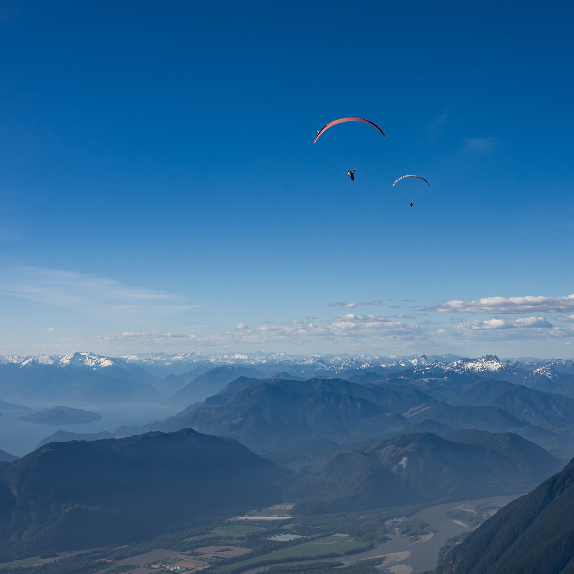 Paragliders in formation above the Fraser Valley